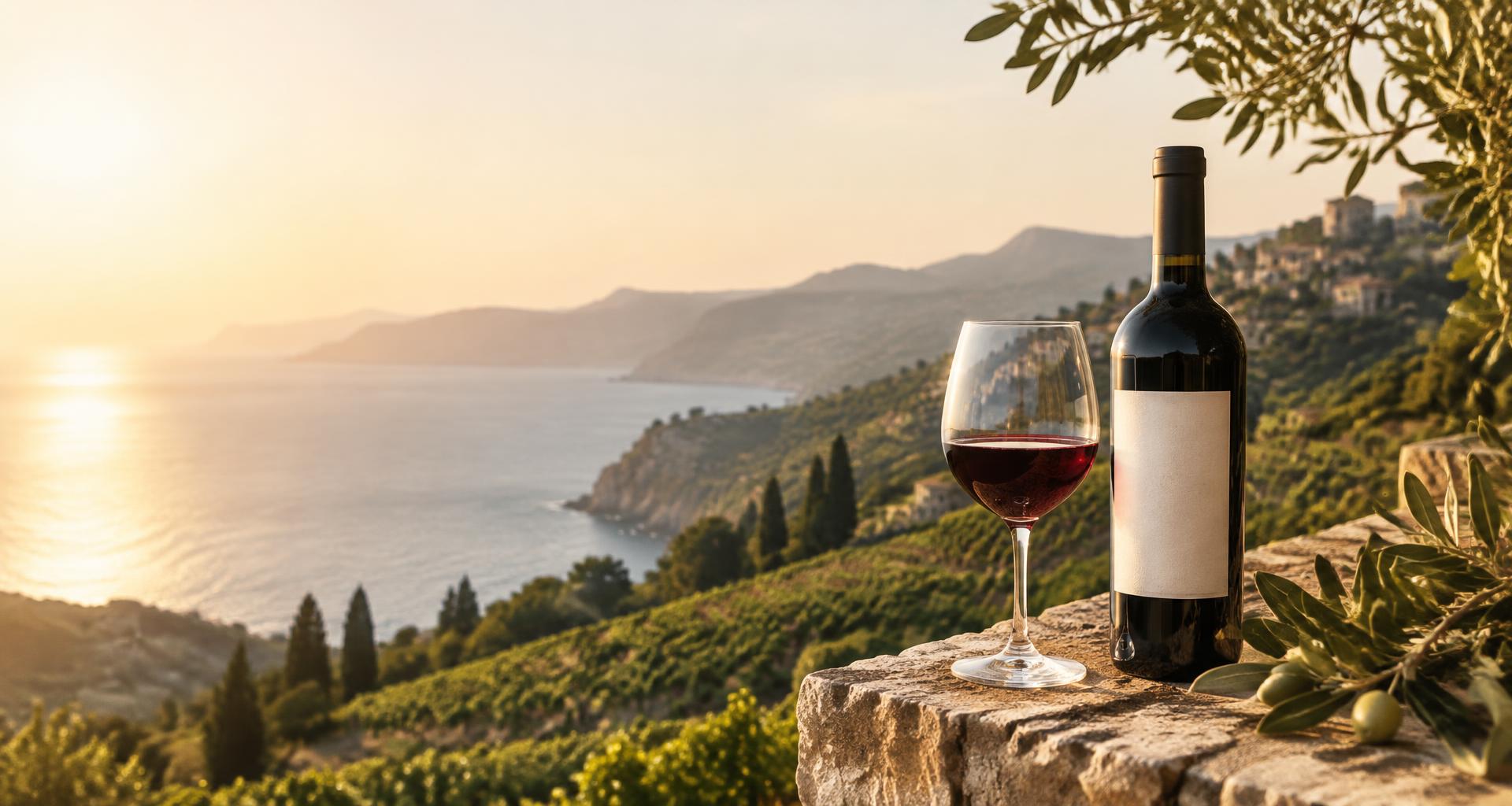 Wine bottle and glass presented for a private wine label