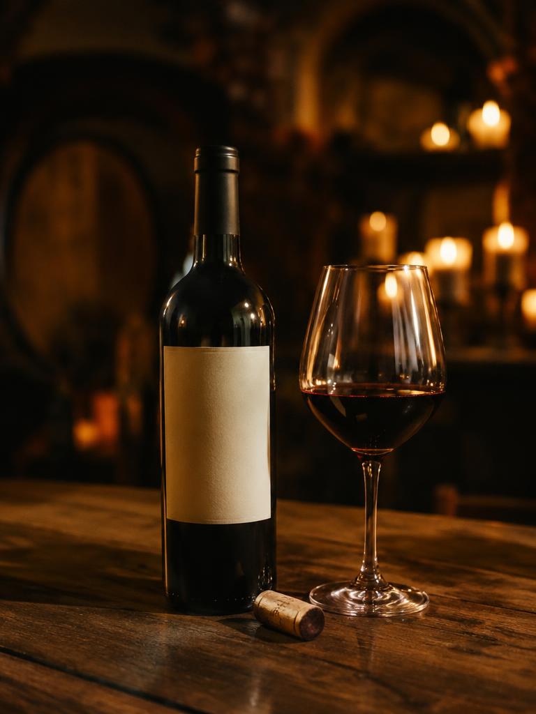 Private label wine bottle in a candlelit cellar